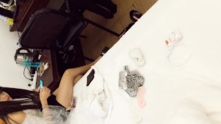 young and beautiful Chinese girl footjob with sock